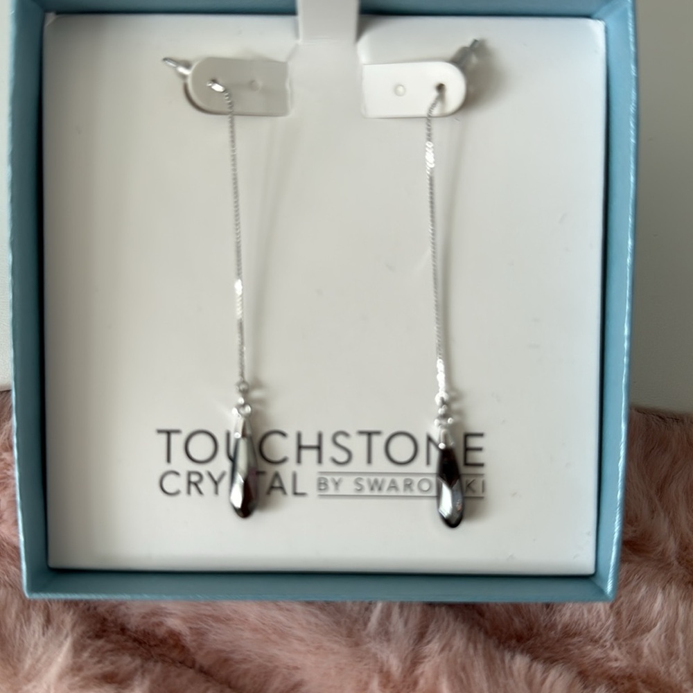 Touchstone Crystal by Swarovski Linear Drop Earrings – Hematite Teardrop - Picture 2 of 2